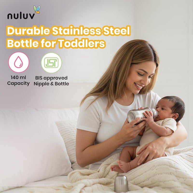 Nuluv Nourish+ Stainless Steel Feeding Bottle 140ml with Anti-Colic Silicone Nipple for Babies - Image 4